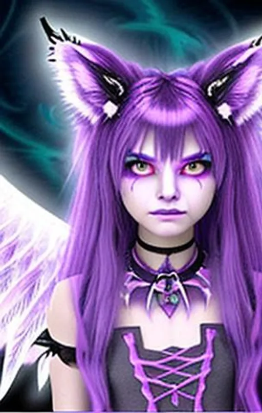 Prompt: Half demon, half wolf cat thingy hair made from fairydust eyes glow in the dark 12 inch scar arcrossed face because bullied, nerd, pretty clothing because princesse, half fairy fancy neckless from mom thats dead and bruses from dad I have angel wings I wEAR maKeup and  My tail is the a fluffy demon tail