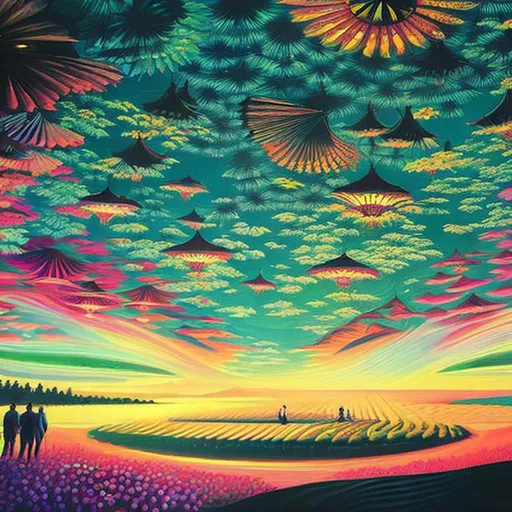 Prompt: a psychedelic illustration painting of a surrealistic landscape in the style of Jon Foster, Josan Gonzalez, Angus McBride, Beeple, James Jean, Ross Tran, Fenghua Zhong, Hasui Kwase, Gong Xian, Peter Mohrbache, James Ryman, Shigeto Koyama, Yintion J-Jiang Geping, Anna Dittman, Ilya Kuvshinov, Keith Parkinson, Wlop, Moebius, Kilian Eng, Daniel Merriam, Sangsoo Jeong, Otomo Katsuhiro, Yukito Kishiro, Justin Sun, Kanō Hōgai, Bryan Sola, Jinsung Lim, Li Shida, Song Maojin's, Fenghua Zhong, John Stephens, fractal landscape, detailed painting, DeviantArt, psychedelic art, fantasy art, by Victor Ngai, and Yun Ling, masterpiece, wide-angle fantasy art, film still, panoramic anamorphic, necrosis, featuring benevolence, detailed painting, sakura-color