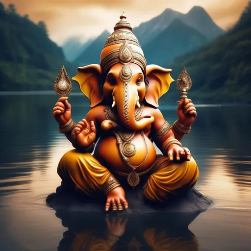 Prompt: create indian god ganesha as a child, sitting in front of a river, mountain in the background, Photo Realistic, symmetric, RAW, attestation, splash style of dark fractal paint, contour, hyper detailed, intricately detailed, unreal engine, fantastical, intricate detail, steam screen, complementary colors, fantasy concept art, 8k resolution, DeviantArt masterpiece, splash arts, ultra details Ultra realistic, hi res, UHD, 64k, 3D rendering