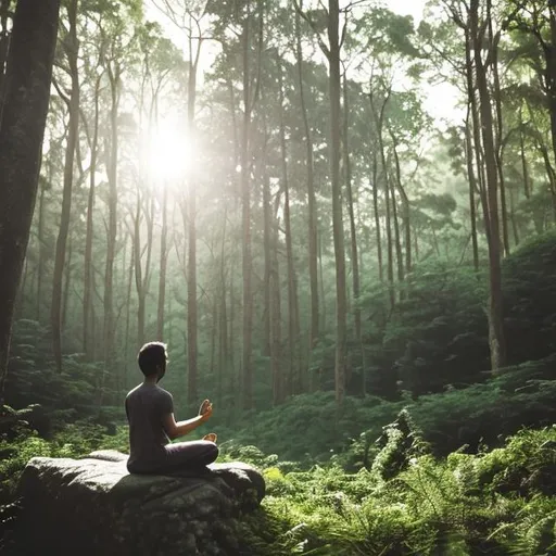 Prompt: person sitting meditating in the forest 