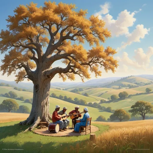 Prompt: In a serene countryside setting, a tall oak tree stands proudly against a backdrop of rolling hills and clear blue skies. Its branches sway gently in a gentle breeze, and leaves rustle softly, creating a soothing sound. Below the tree, a group of people sit in a circle, playing various instruments like guitars, drums, and flutes.

The atmosphere is peaceful, with laughter and music filling the air. As the wind picks up, it carries the melodies of their songs across the fields, blending harmoniously with the natural sounds of chirping birds and rustling leaves.

This scene captures the essence of the song "Seminal Wind," celebrating the beauty of nature, music, and community coming together in harmony.