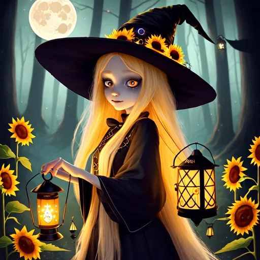 Prompt: witch with long blonde hair, with a lantern, wearing witch hat, cute, sunflower, aesthetic, fairycore, disney, pixar, moon, stars, white dog, witchcraft, in a starry dark sky, beautiful, walking in a forest, sweet, dreamy, rpg, sci-fi, award winning illustration, artstation, highres, tim burton style, large eyes