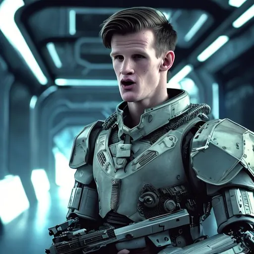 Prompt: A 28 year old Matt Smith with a crew cut shouting angrily wearing an armored futuristic scifi military uniform and holding an advanced exotic shotgun in full color