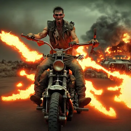 Prompt: Psycho in dystopian mad max world riding a chopper shooting flames 