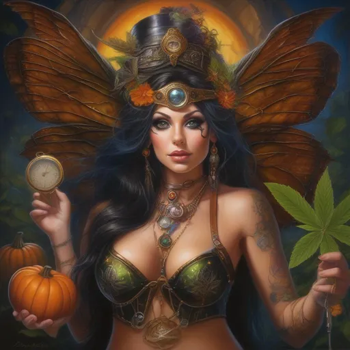 Prompt: ((Hyper real painting)). ((Wide angle)). Halloween night.  Shes a ((colorful)), steam punk, belly dancer, (Witch). A ((spectacular)), winged, Cannabis fairy. ((A very beautiful)), buxom, shapely woman with, ((Anatomically real hands)), and ((vivid)), ((colorful)), ((extremely, bright eyes)), ((hyper real, detailed illustration)).  ((Cinematic)). ((Style of Richard Estes)). ((Zoomed out)). ((Enscape render)). She is wearing a skimpy, ((colorful)), ((gossamer)), ((flowing outfit)). Sony a7 IV, ((trending on Artstation)). ((Concept art))