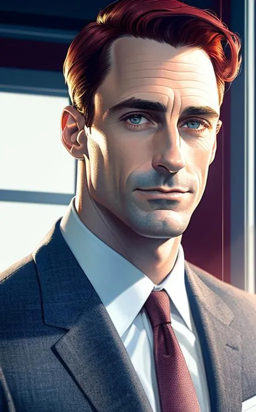 Prompt: Portrait of John Hamm as Howard Roark with reddish hair and with heoric and stearn face, office background, perfect composition, hyperrealistic, super detailed, 8k, high quality, trending art, trending on artstation, sharp focus, studio photo, high key lighting, intricate details, highly detailed, by greg rutkowski