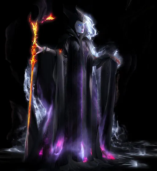 Prompt: Fantasy Evil Sorceress. heavy robes. Evil powerful. Tall woman
action: walking through a burning forest
