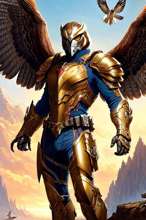 Prompt: Poster art, high-quality high-detail highly-detailed breathtaking hero ((by Aleksi Briclot and Stanley Artgerm Lau)) - ((a falcon )), Male  ,detailed Falcon head, full body, power arms, helmet of truth, wearing detailed mech armour, 8k, bird military armour,  full form , The lord of all birds, mountain world setting, has highly detailed white and black futuristic military mech armour, detailed carbon fibre black and yellow amour, wearing carbon black and yellow military mech armor, highly detailed mech armor, full form, epic, 8k HD, ice, sharp focus, ultra realistic clarity. Hyper realistic, Detailed face, portrait, realistic, close to perfection, more black in the armour, 
wearing blue and black cape, wearing carbon black cloak with yellow, full body, high quality cell shaded illustration, ((full body)), dynamic pose, perfect anatomy, centered, freedom, soul, Black short hair, approach to perfection, cell shading, 8k , cinematic dramatic atmosphere, watercolor painting, global illumination, detailed and intricate environment, artstation, concept art, fluid and sharp focus, volumetric lighting, cinematic lighting, 

