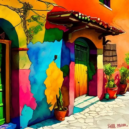 Prompt: Old, Mexican village, bold colors, strong, traditional, guitar, sombreros, Casitas, fun, realistic,