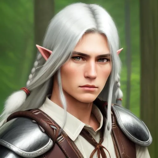 Prompt: portrait character native american male with silver hair to shoulder, elven ears, hard face, high detail face, photorealistic, nostalgic, melancholic, long hair, life, realistic, 30s, leather armor, bow, forest background, narrow jaw, longer face, more leather