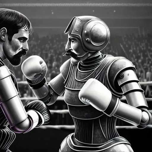 Prompt: fantasy art style photo of two robots boxing with queensberry rules. they both have old timey handlebar mustaches and there is a woman robot fainting in the crowd.  the crowd doesn't notice her as they are too enamored with the fight. 