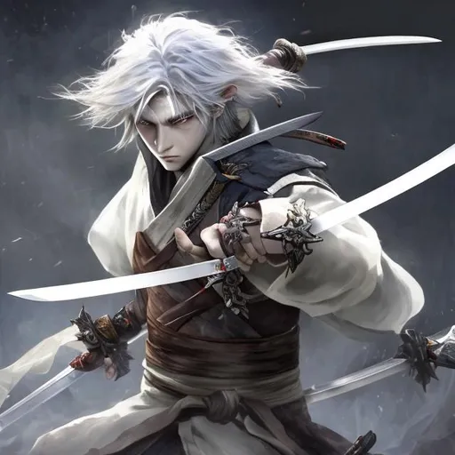 Prompt: a pale-skinned, white ashen haired young
 swordsman with two swords surrounded by spirits
 