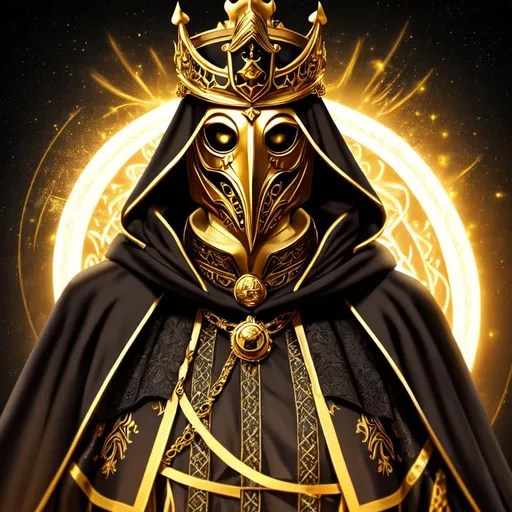 Prompt: Fantasy style, a hyper realistic detailed image of undead god king, golden plague doctor mask, bird skull,  covered in nightly glow, looking straight ahead, body facing camera, camera top third of image, perfect composition, super detailed, sharp focus HDR, UDR, 120k, black and gold coloured thick wide dress, Gold shoulder plates, black hood, golden crown, iridescent eyes, in a dark stary night-time fantasy background, black sand covered jewellery, sun orb 