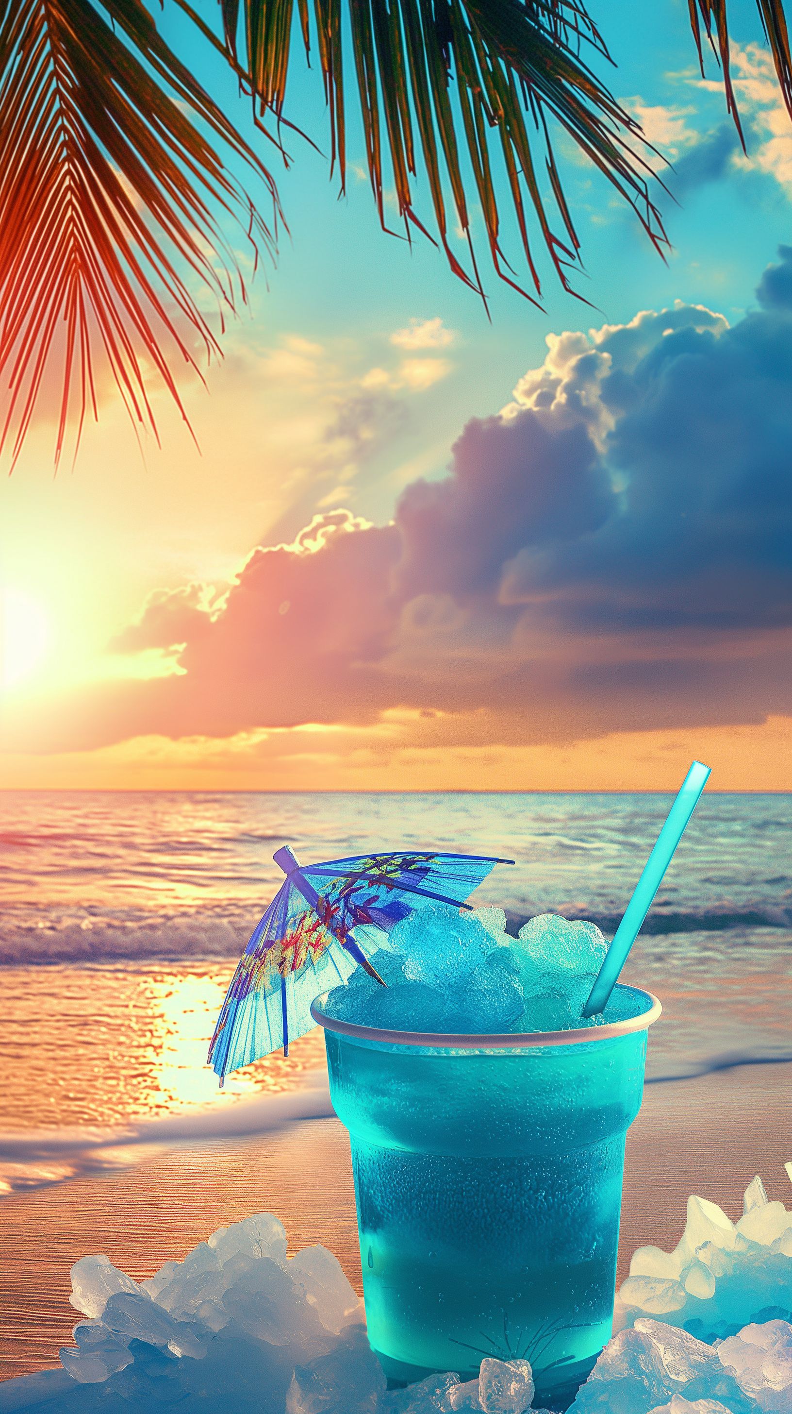 Prompt: a tropical blue slushie in a fun cup with a small umbrella toothpick resting in the top, with a sun set over a white sandy beach and an aqua blue calm ocean, palm trees hang overhead, peaceful vacation, --ar 9:16 --v 6.0