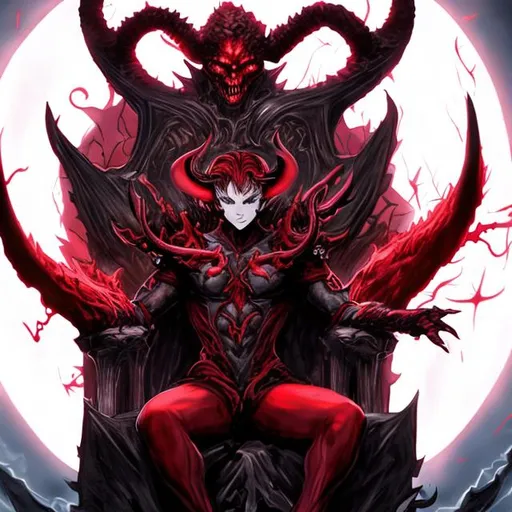 Prompt: a demon god red horns young male holding a death orb red hair and black suit sitting in a throne