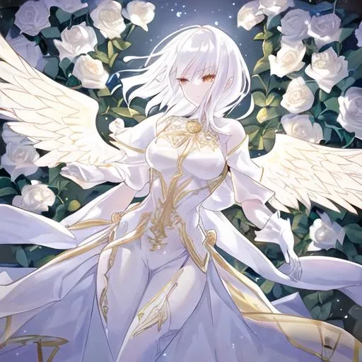 Prompt: a woman with white hair, and lights on her body which is gold. with white angel like wings, and golden white clothing which is fancy. in a flower garden