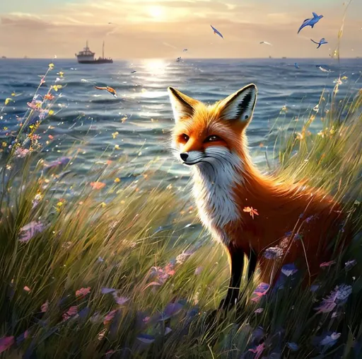Prompt: **Transport yourself to a summer day just outside a bustling sea port, where the salty breeze tugs at your hair. Amidst the commotion, a fox with an attentive gaze observes the scene. Its fur ripples in the wind as it stands amidst the wildflowers. Describe the vivid tableau--the fox's every whisker, the play of light on the waves, and the distant echoes of maritime activity. Capture this ultra-realistic moment, offering a glimpse of the fox's perspective and the world around it in intricate detail.