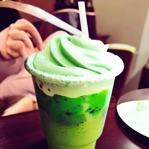 Prompt: Bubble tea, matcha, green whipped cream, yummy, food, aestetic, Sakuras in the baground