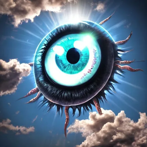 Prompt: A photorealistic giant pair of eyeballs in the sky