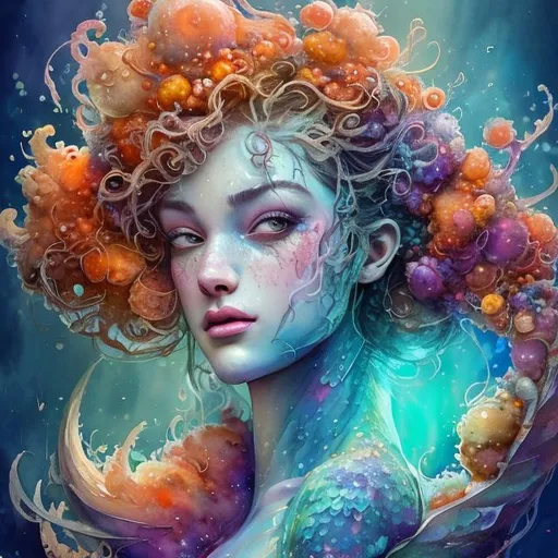 Prompt: {{{{highest quality concept watercolor}}}} digital drawing watercolor painting with {{visible textured brush strokes}}, Beautiful mermaid, photorealistic face, curl long multicolored beaming mandelbrot clusters fractal Hair, digital painting, artstation, illustration, concept art, smooth, sharp focus, {{hyperrealistic intricate perfect orange long hair}} and {{hyperrealistic perfect clear bright green eyes}} soft skin and red blush cheeks and cute smile, epic fantasy, perfect anatomy in perfect composition approaching perfection, hyperrealistic intricate mirrored room in background, cinematic volumetric dramatic dramatic studio 3d glamour lighting, backlit backlight, 128k UHD HDR HD, professional long shot photography, unreal engine octane render trending on artstation, sharp focus, occlusion, centered, symmetry, ultimate, shadows, highlights, contrast