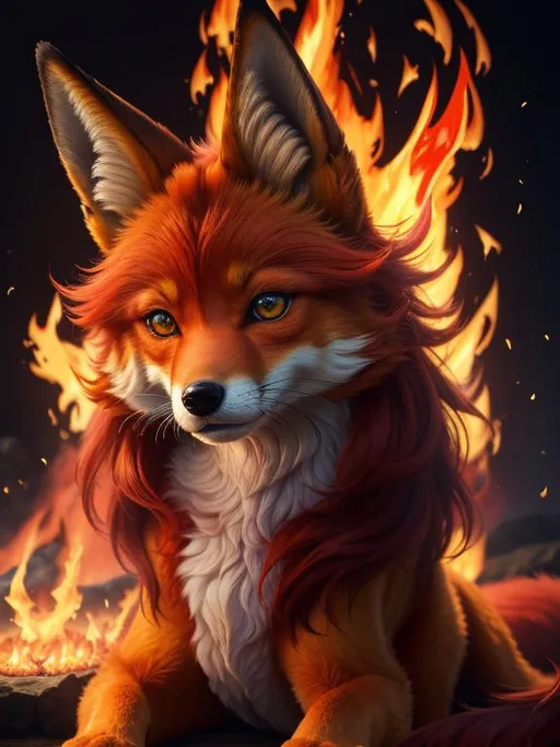 Prompt: (8k, 3D, UHD, ultra sharp, very detailed, masterpiece, detailed oil painting) portrait of fire elemental ((fox)), (canine quadruped), adolescent female, silky crimson-red fur, emerald green eyes, 8k eyes, youthful, lively, lithe, black fur highlights, long silky hair on crest, (plump), plump figure, umber red mane, solid red belly, beautiful charming grin, graceful, by Anne Stokes, by Yuino Chiri, gold magic fur lighlights, vivid colors, vibrant, beautiful blunt nose, global illumination, wispy brown ears, wispy ruby-red mane flowers on fur, snow-capped trees, complementary colors, cinematic, forest, rows of pink blossoming sakura trees, billowing mane, professional, unreal engine, dynamic, highly detailed, detailed smiling face, 4k, 64k, UHD