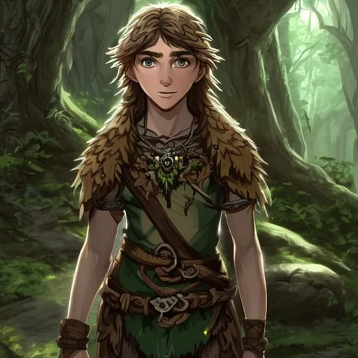Prompt: A 13 year old human druid with almond skin, green eyes, wild brown hair who lives in the woods, dungeons and dragons