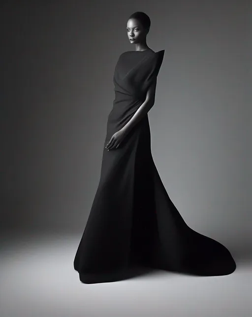 Prompt: A minimalist fashion portrait isolated against a plain grey background, placing emphasis on the graphic sculptural form of the elegant black gown, reminiscent of Irving Penn's refined studio style. Lit with refined, meticulous overhead lighting to create a clean silhouette. Shot with an 8x10 view camera and normal lens. The mood is elegant simplicity. In the style of Irvin Penn.  