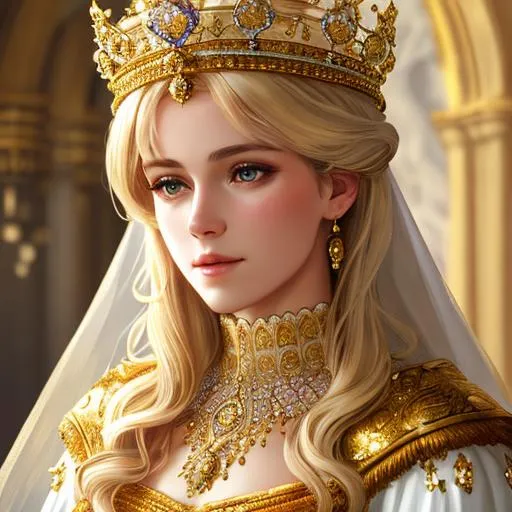 Prompt: beautiful photograph of most beautiful fictional, Queen, goodnes, heavenly, royal, White and golden, extremely, detailed environment, detailed blur background, intricate, detailed skin, natural colors , High-resolution, professionally color graded, photorealism, 8k, moody lighting.