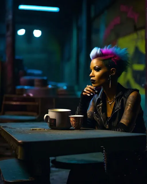 Prompt: A darkly beautiful woman in punk rock fairy attire sits alone at a table in an abandoned industrial wasteland, neon lights in the distance. She sips tea poured into a cracked cup. Shot at night with a 35mm lens on Lumix S5. Gritty, desolate, surreal.