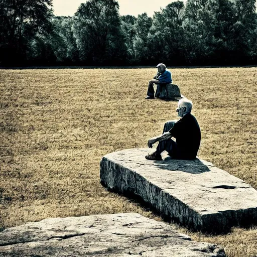 Prompt: An old man sitting on a slab of stone in the middle of a field