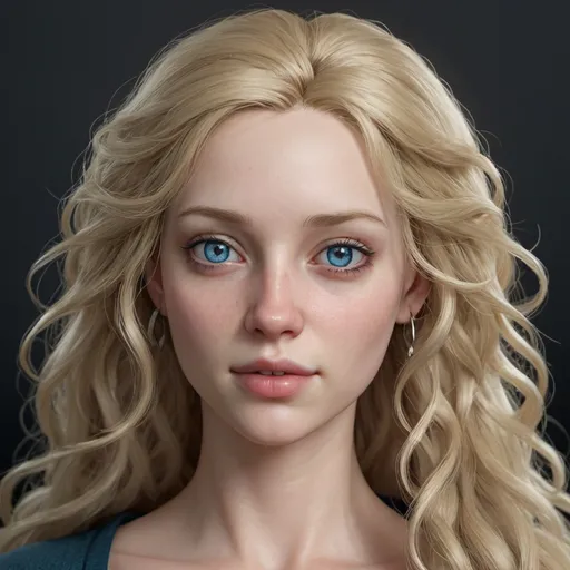 Prompt: hyper-realistic women around 28 years old,she has very pale skin, She has blue eye, She has a round and elongated face, She has a large nose too large for her face. She has long blonde hair that is very bushy tight ringlets, She has a mole by her mouth, she has a very thin mouth, fantasy, character art, illustration, dnd, 