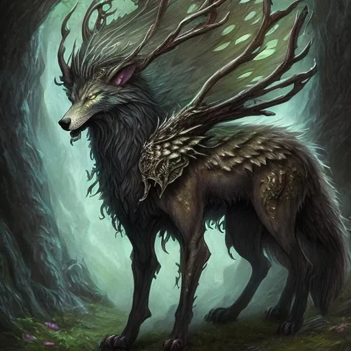 Prompt: A realistic magical and majestic dryad wolf that lives in the Fey Realm of Dungeons and Dragons fifth edition.