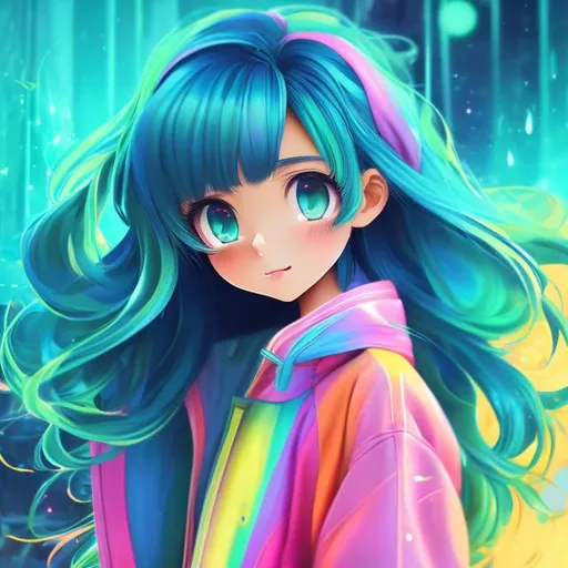 Prompt: anime style, (masterpiece, best quality:1.2), illustration, absurdres, highres, extremely detailed, 1 (petite) girl, blue long hair, golden eyes, eye highlights, (green raincoat), chromatic aberration abuse, pastel color, facing camera, raining, happy, wearing raincoat, dress, zoom-in