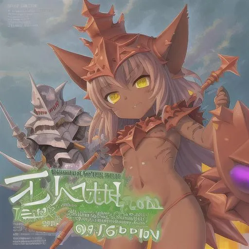 Prompt: loli goblin in spiky heavy armor, helmet, face cover, onion knight, full view, holding a spear, brown skin, bulky armor, dark armor, shield, green skin