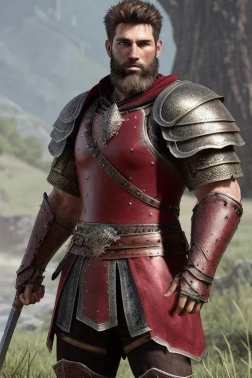 Prompt: Photorealistic male warrior, rugged looking, strong musculature, short hair and short beard, armor, crimson clothing. 