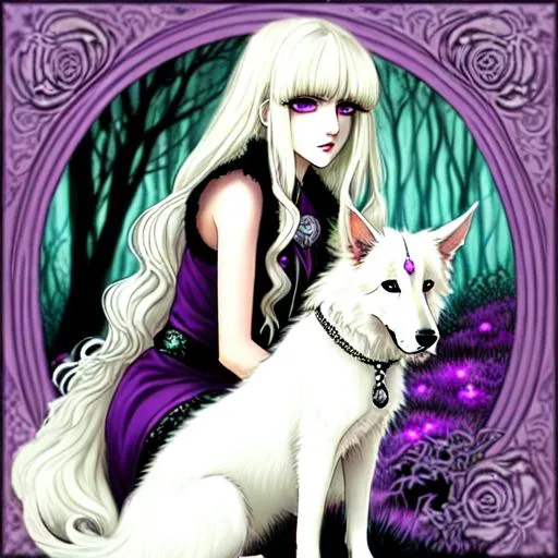 Prompt: a borzoi and a faerie princess, long and wavy blonde-white hair with emo bangs over one eye, purple eyes, gothic aesthetic, eerie, horror, beautiful, in the style of junji ito, in the style of uzumaki