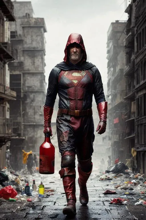 Prompt: very old drunk and dirty, poor super hero with trash bag and bottle of alcohol, walking on the roof, full body, suit without mask on head, black and red color, hyper realistic, high fantasy, artstation, detailed, random background, cinematic