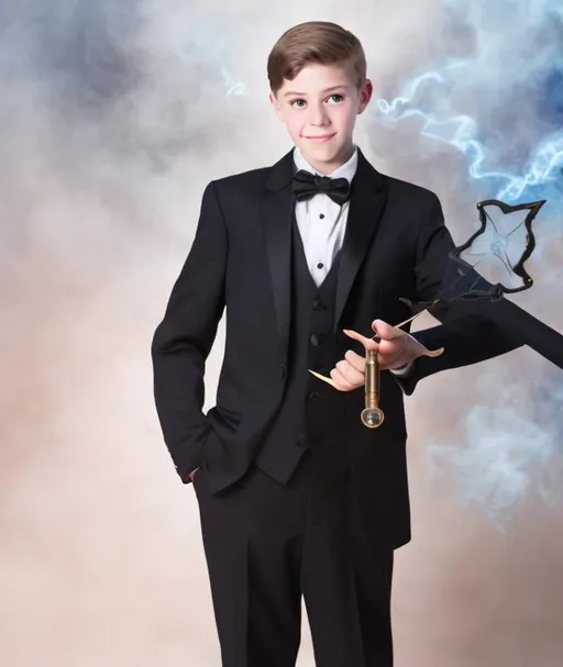 Prompt: 16 year old boy in a tuxedo casting a
Magic spell with his magic wand 