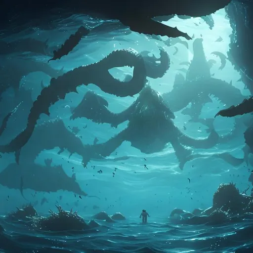 Prompt: A wide shot, from the bottom of the ocean with large mysterious creatures swimming around intimidatingly, with a lot of claustrophobic elements. Unspecified creators 