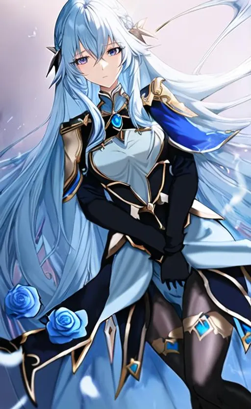 Prompt: light blue hair, long hair, blue rose, gold eyes, black tights, light blue blouse, blue plume, flowing cape, Genshin Impact, Eula Lawrence