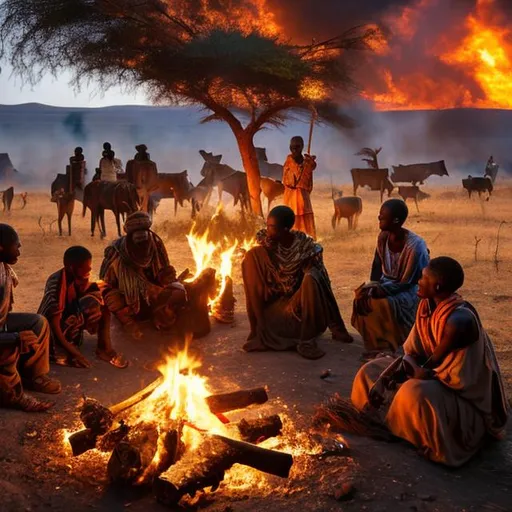 Prompt: African nomads, sitting next to a large fire, with their cattle nearby, and books set aside
