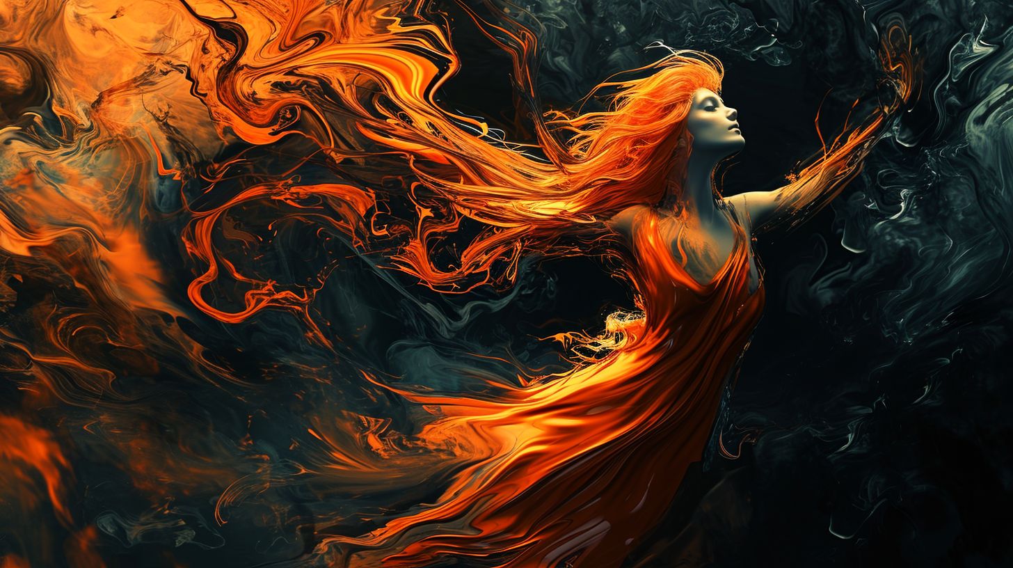 Prompt: an orange lady in a black background, in the style of romantic fantasy, swirling vortexes, 3840x2160, dark azure, airbrush art, dark gray and light crimson