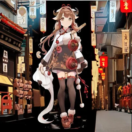 Prompt: Ram ears, Ram horns, animal ears, holding staff, ear muffs, goat hooves, solo girl, brown hair, brownish goldish eyes, china town setting