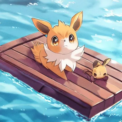 Prompt: eevee on a raft in an ocean