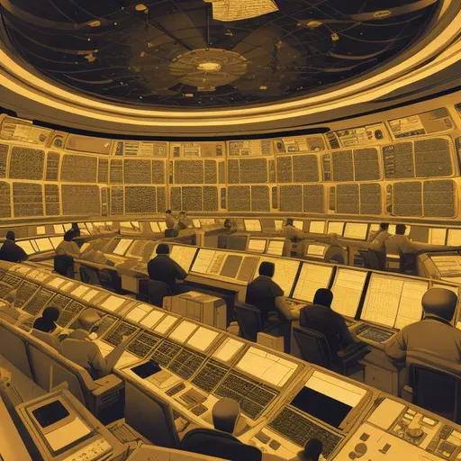 Prompt: a highly detailed lithograph of a busy NASA control room, soft warm color palette, chiaroscuro, tessellation, hyperbolic geometry, golden ratio composition