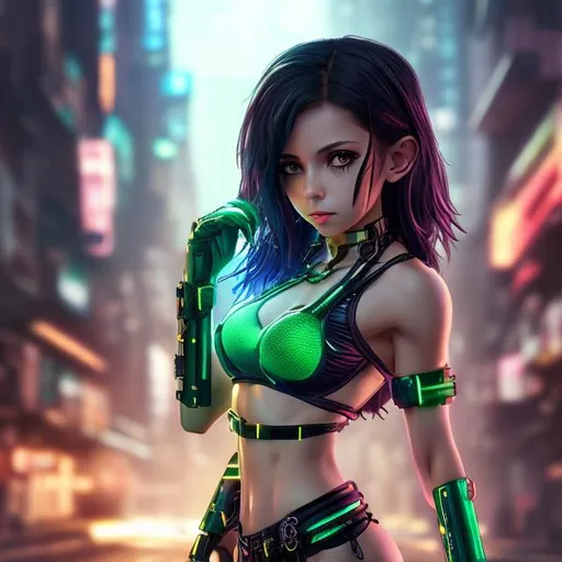 Prompt: 4k high resolution cgi anime cyberpunk style, full body image, petite Latin female, middle age, light eyes, dark hair, thick overall body build, with small chest, bare belly and low cut green halter top, 