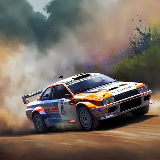Prompt:  Hi resolution, hyper realistic painting of rally car racing