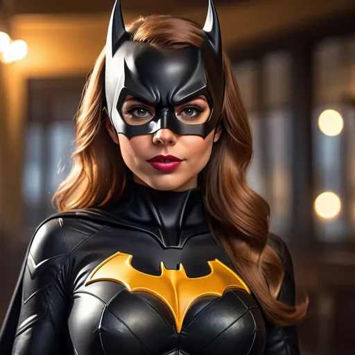 Prompt: female dressed as batgirl, gorgeous, attractive, flirting, (((full body visible))), looking at viewer, portrait, photography, detailed skin, realistic, photo-realistic, 8k, highly detailed, full length frame, High detail RAW color art, piercing, diffused soft lighting, shallow depth of field, sharp focus, hyperrealism, cinematic lighting