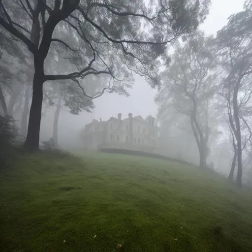 Prompt: A mansion in the distance on a slight hill in a forest with fog covering the ground 