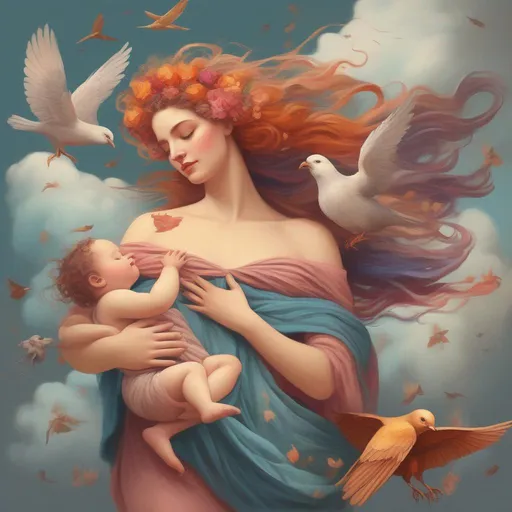 Prompt: A colourful and beautiful Persephone, with her hair being made out of clouds, lovingly cradling her baby with birds in flight around her in a painted style